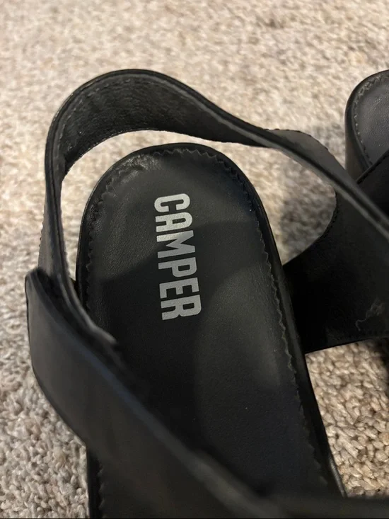 NWOT Camper Black Leather velcro closure wedge Sandals 7 - Picture 3 of 8